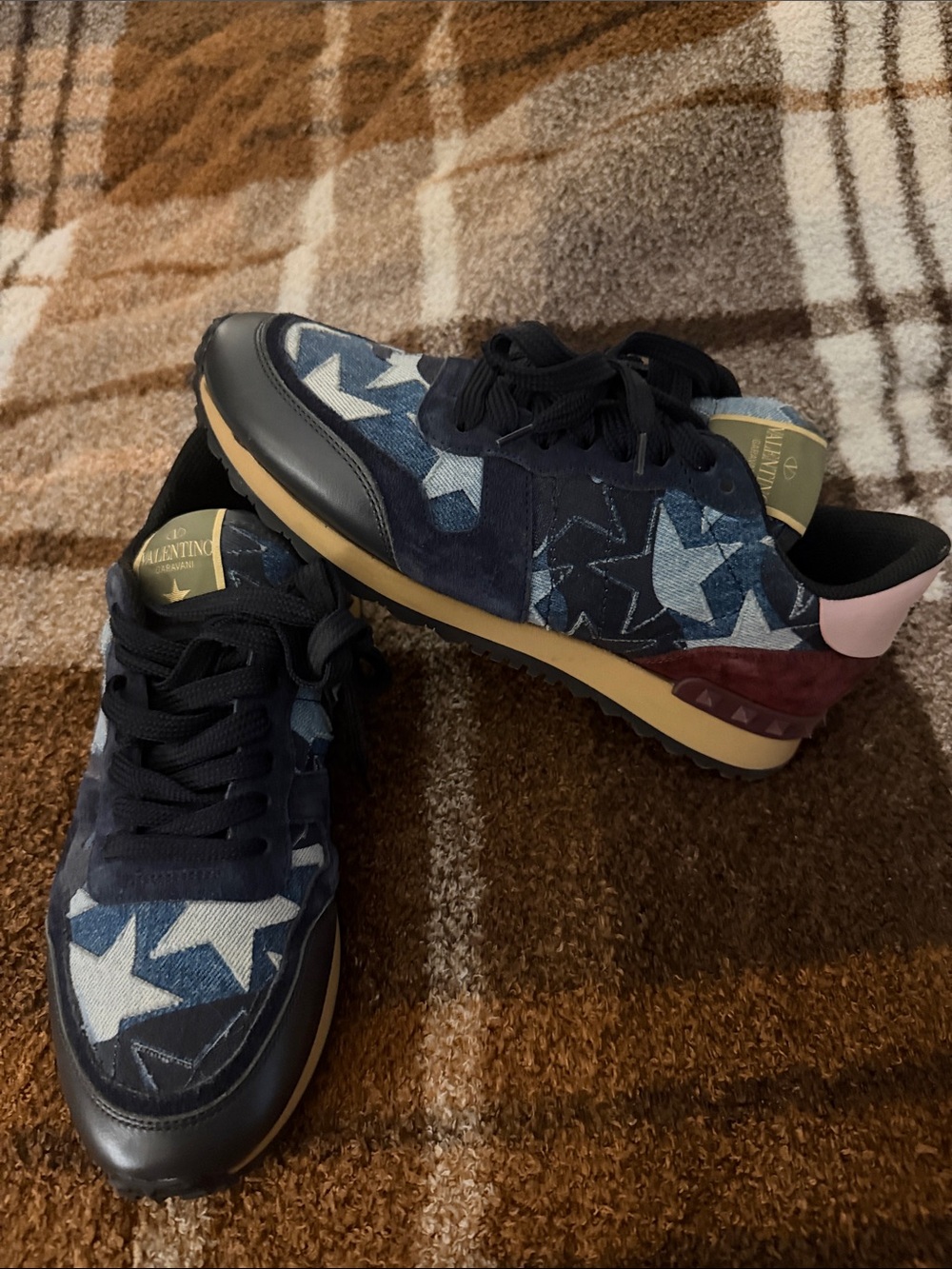 Valentino Garavani Denim Star Print Sneakers in Navy, Blue & Pink